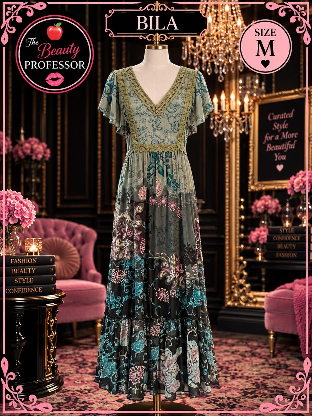 💕Bila Sage and Teal Floral Tiered Maxi Dress by BILA